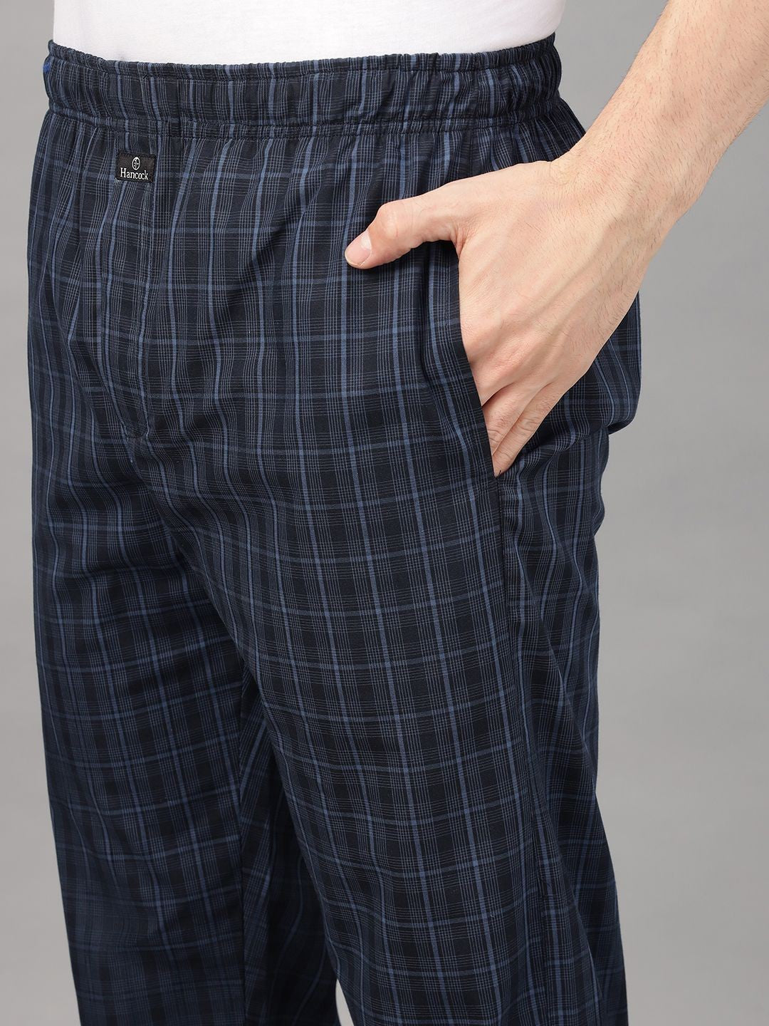 Men Navy Blue Check Pure Cotton Relaxed Fit Night Wear Night Suit