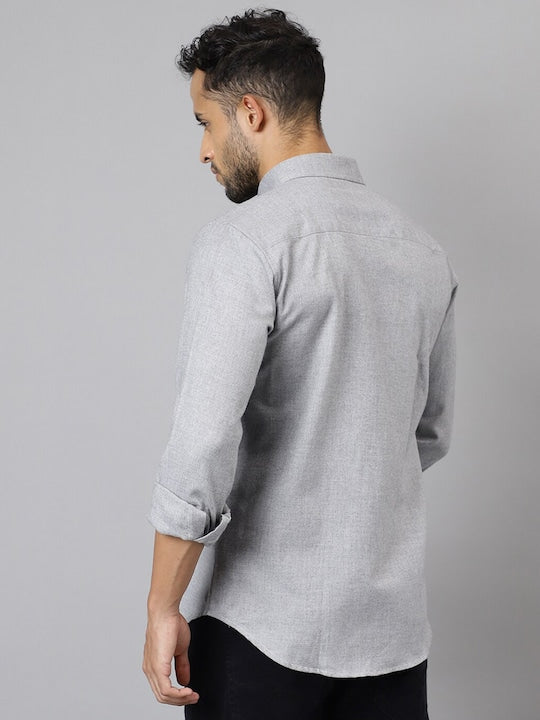 Grey Melange Solid Plaided Flannel Pure Cotton Slim Fit Casual Shirt