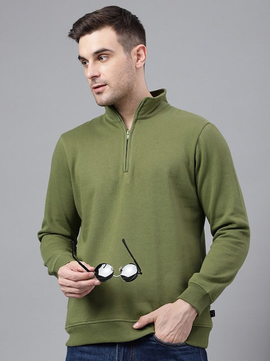 Men Olive Solid Half Zipper Long Sleeves Fleece Sweatshirt