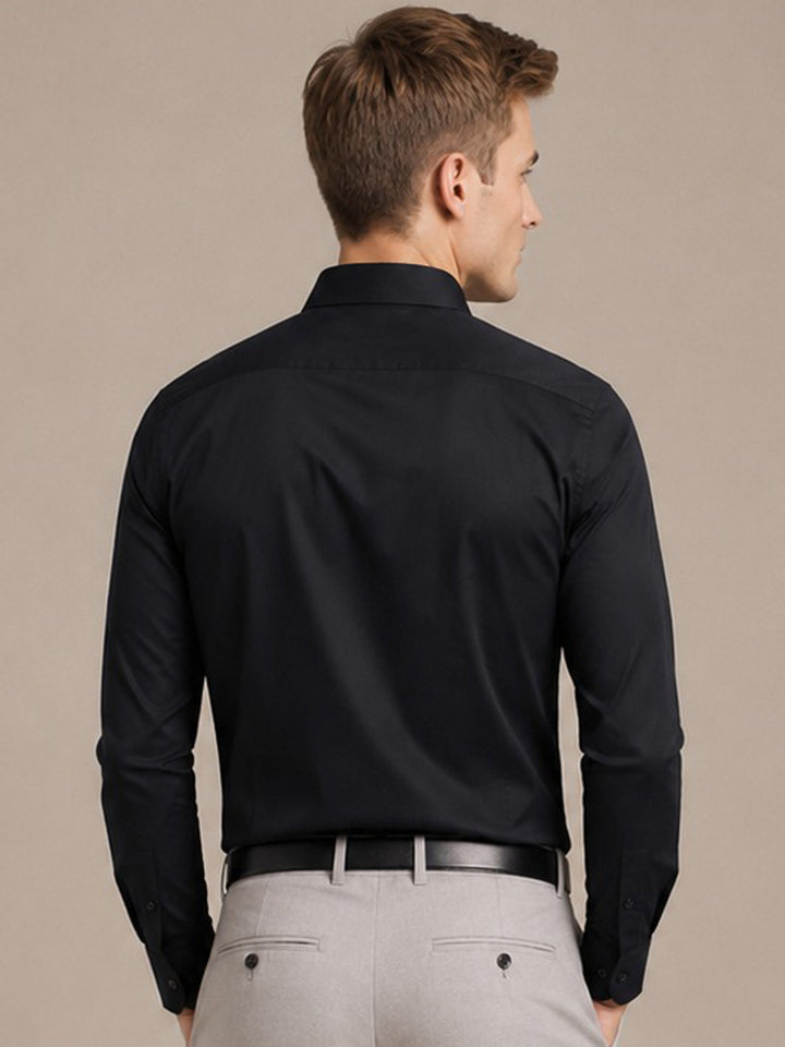 Men Black Solid Cotton Slim Fit Button Down Collar Formal Shirt