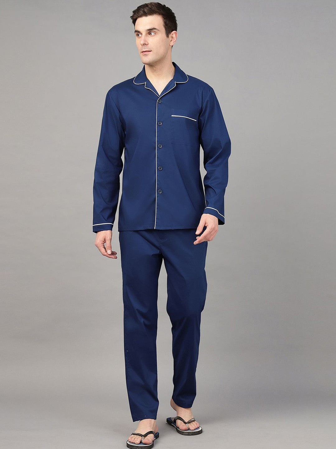 Hancock Men Royal Blue Solid Pure Cotton Relaxed Fit Night Wear Night Suit