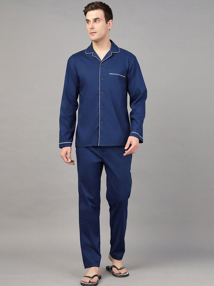 Hancock Men Royal Blue Solid Pure Cotton Relaxed Fit Night Wear Night Suit
