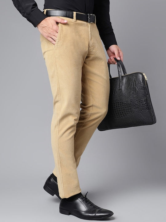 Men Khaki Solid Cotton cotton stretch corduroy Slim Fit Formal Trouser