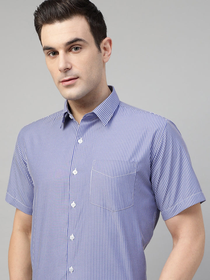 Men Blue & White Stripe Cotton Slim Fit Formal Shirt