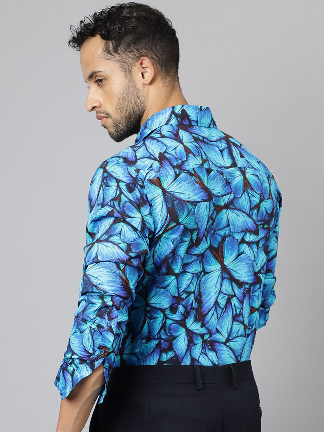 Men Blue Floral Printed Viscose Rayon Slim Fit Party Shirt