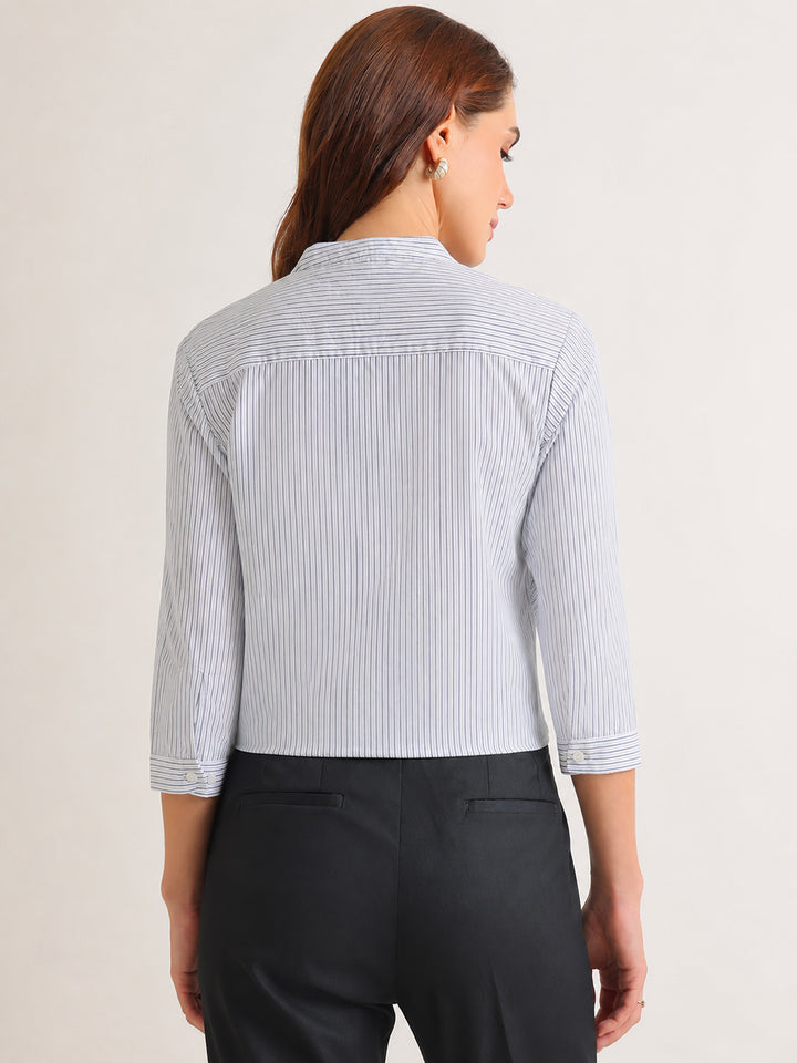 Hancock   Women   White & Navy Blue   Stripes   Pure Cotton   Regular Fit   Formal   Shirt