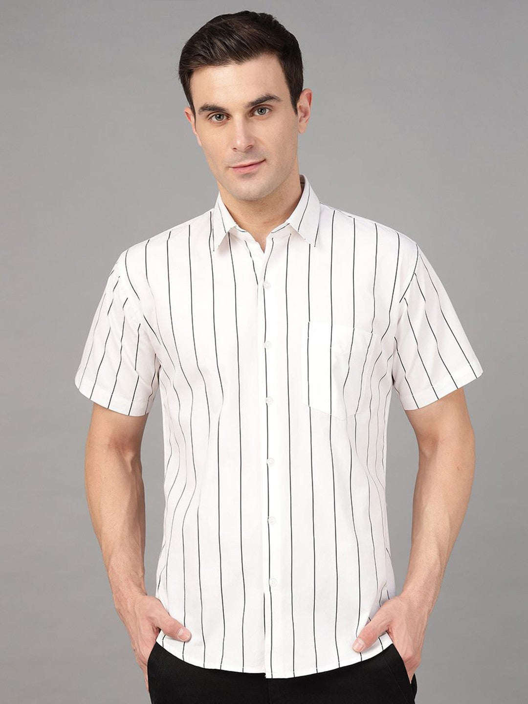 Hancock Men White Stripe Pure Cotton Slim Fit Casual Shirt