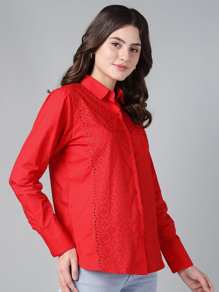 Hancock Women Red Solid Schiffli Pure Cotton Relaxed Fit Casual Shirt