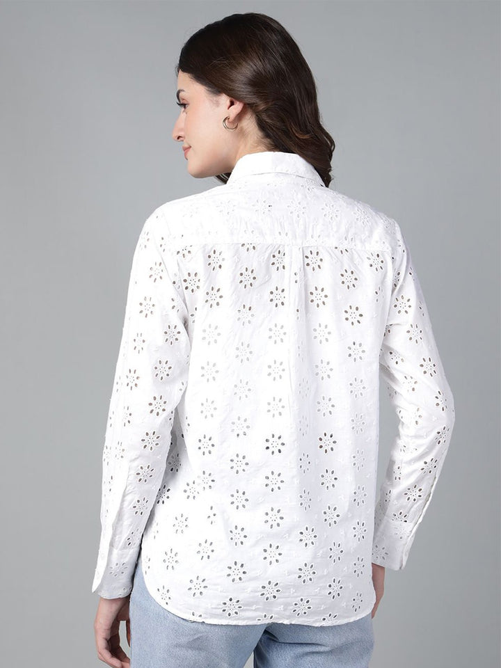 Hancock Women White Solid Schiffli Pure Cotton Relaxed Fit Casual Shirt
