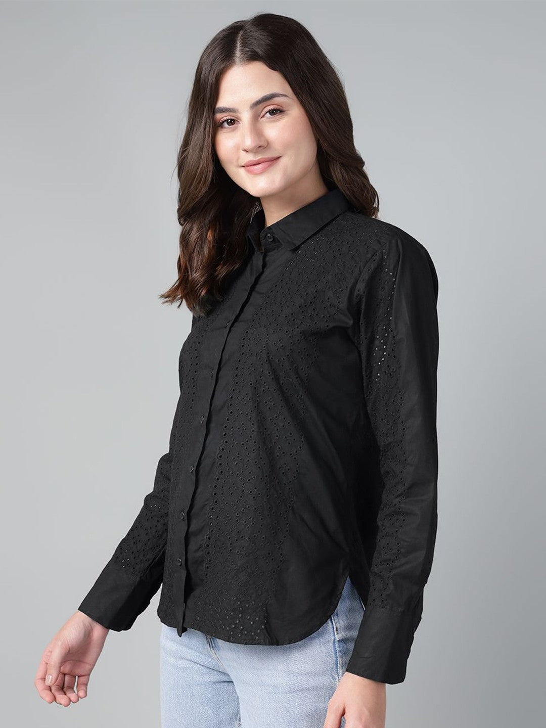 Hancock Women Black Solid Schiffli Pure Cotton Relaxed Fit Casual Shirt