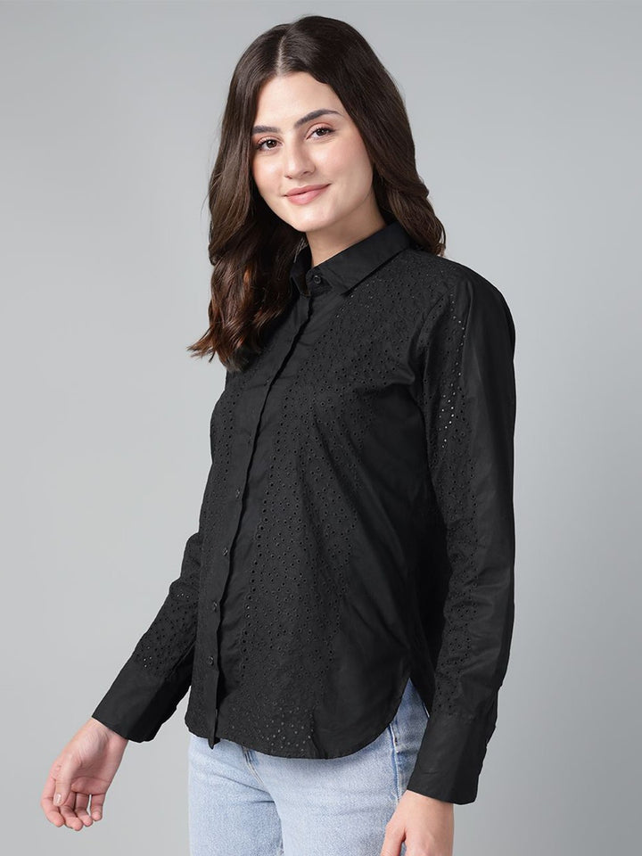 Hancock Women Black Solid Schiffli Pure Cotton Relaxed Fit Casual Shirt