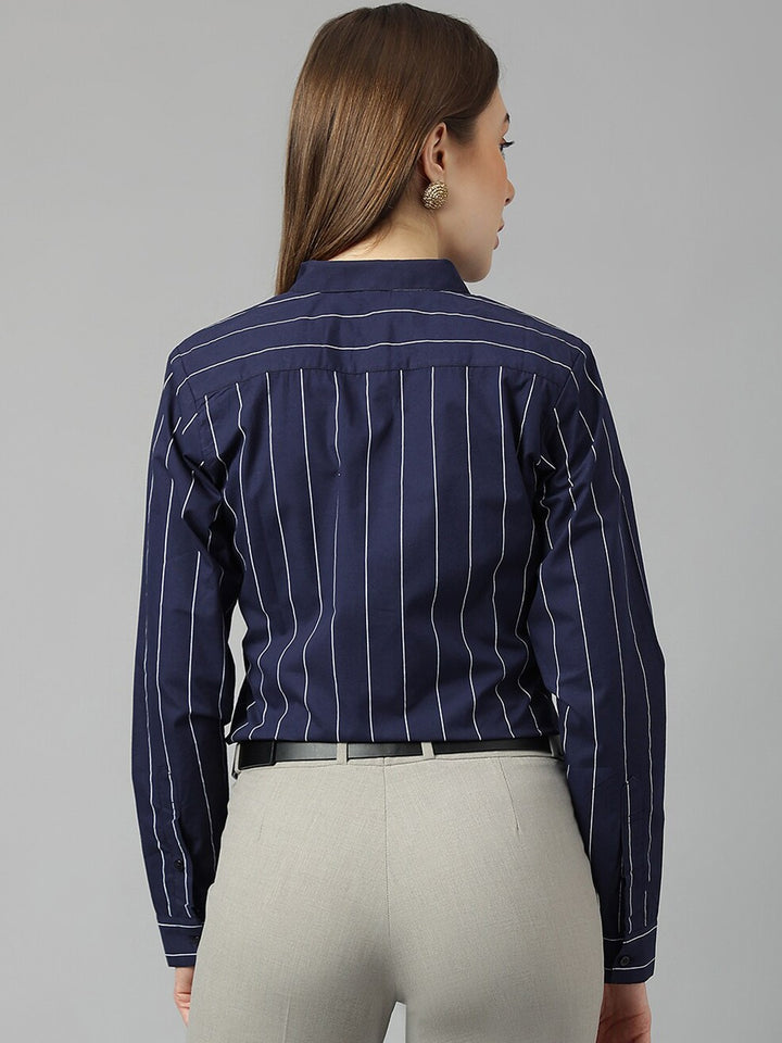 Women Navy Blue Stripes Pure Cotton Plus Size Formal Shirt