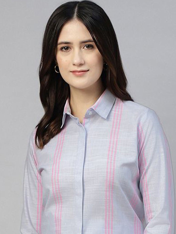 Hancock Women Blue Stripe Pure Cotton Regular Fit Formal Shirt