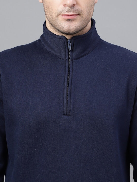Men Navy Blue Solid Half Zipper Long Sleeves Fleece Sweatshirt