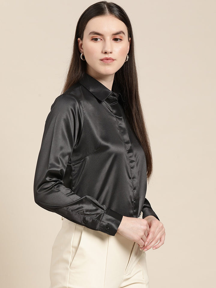 Women Black Solid Satin Formal Shirt