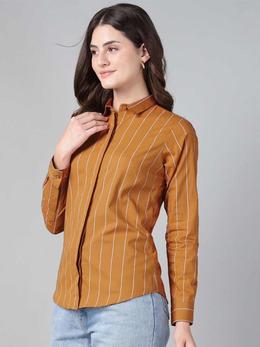 Hancock Women Mustard Stripe Pure Cotton Slim Fit Casual Shirt