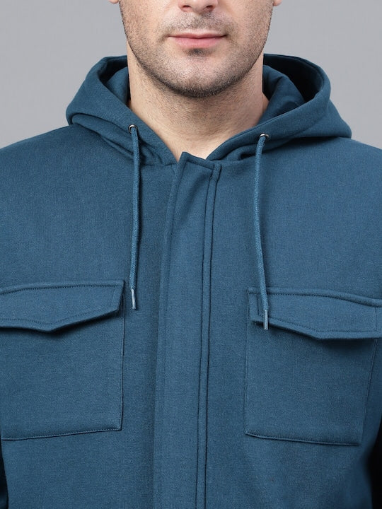 Men Turquoise Blue Solid Full Zipper Cargo Pocket Long Sleeves Fleece Hooded Sweatshirt