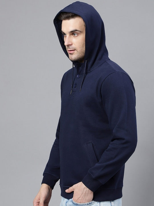 Men Navy Blue Solid Half Button Placket Long Sleeves Fleece Hooded Sweatshirt