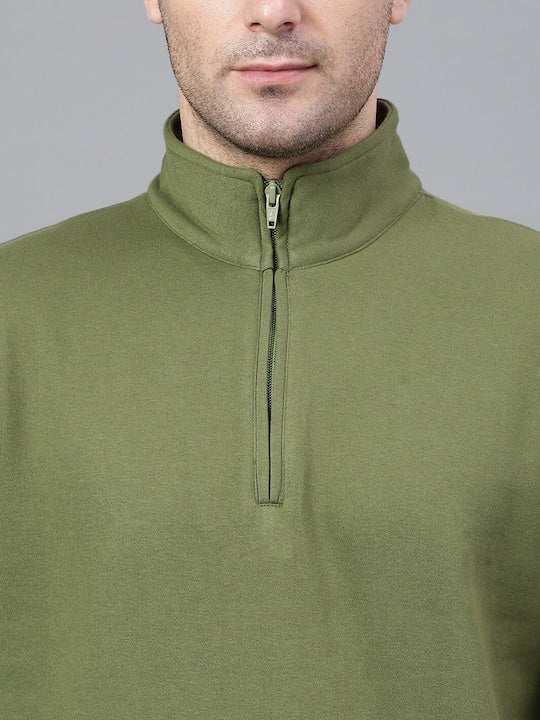 Men Olive Solid Half Zipper Long Sleeves Fleece Sweatshirt