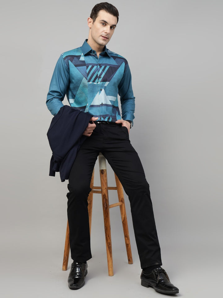 Men Turquoise Blue Graphical Printed Wrinkle Free Cotton Satin Slim Fit Party Shirt