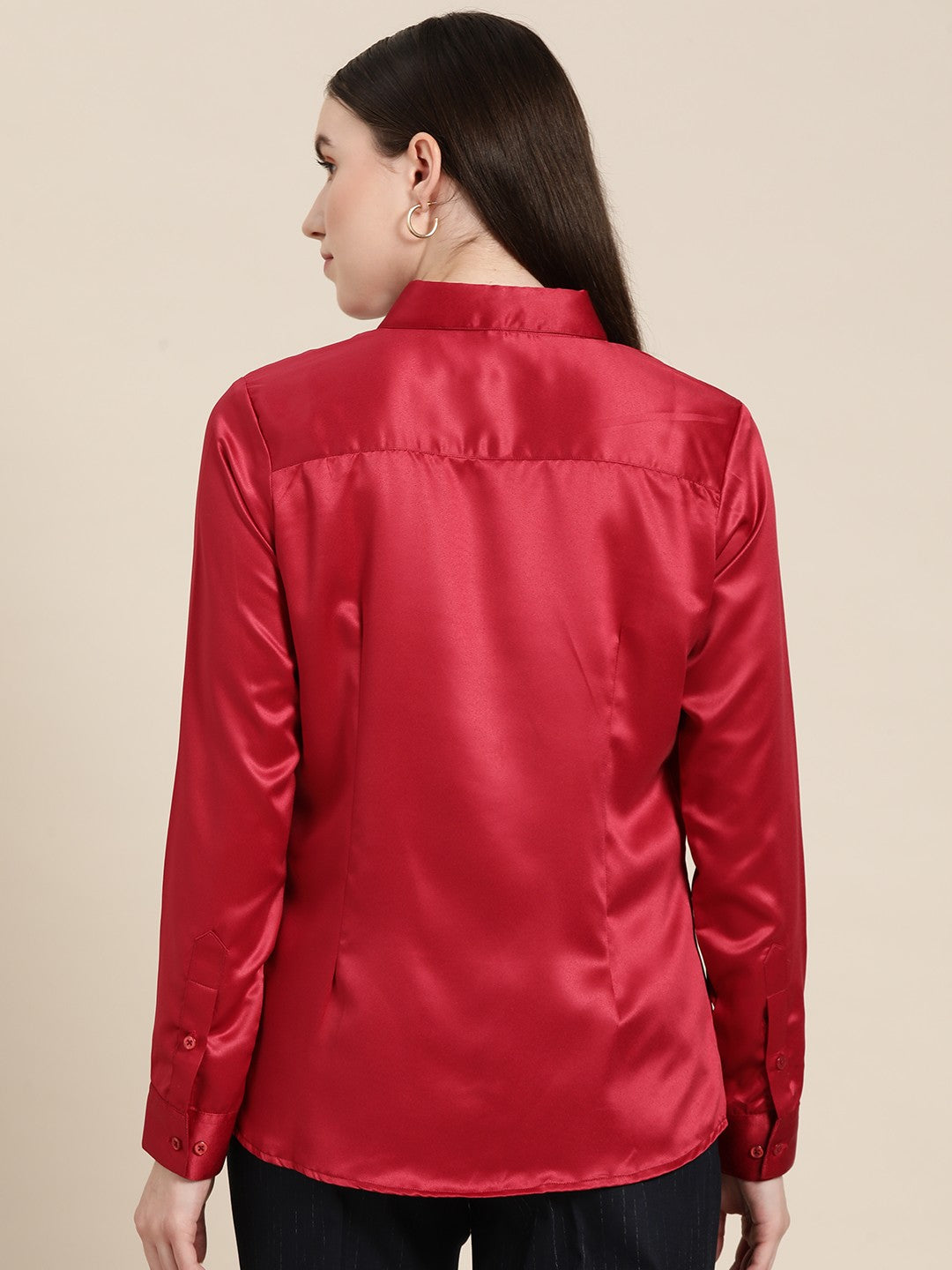 Women Red Solid Satin Formal Shirt