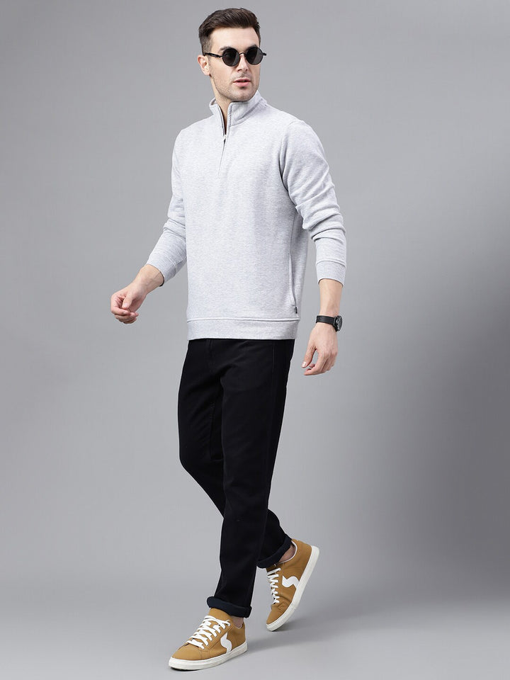 Men Melange Grey Solid Half Zipper Long Sleeves Fleece Sweatshirt