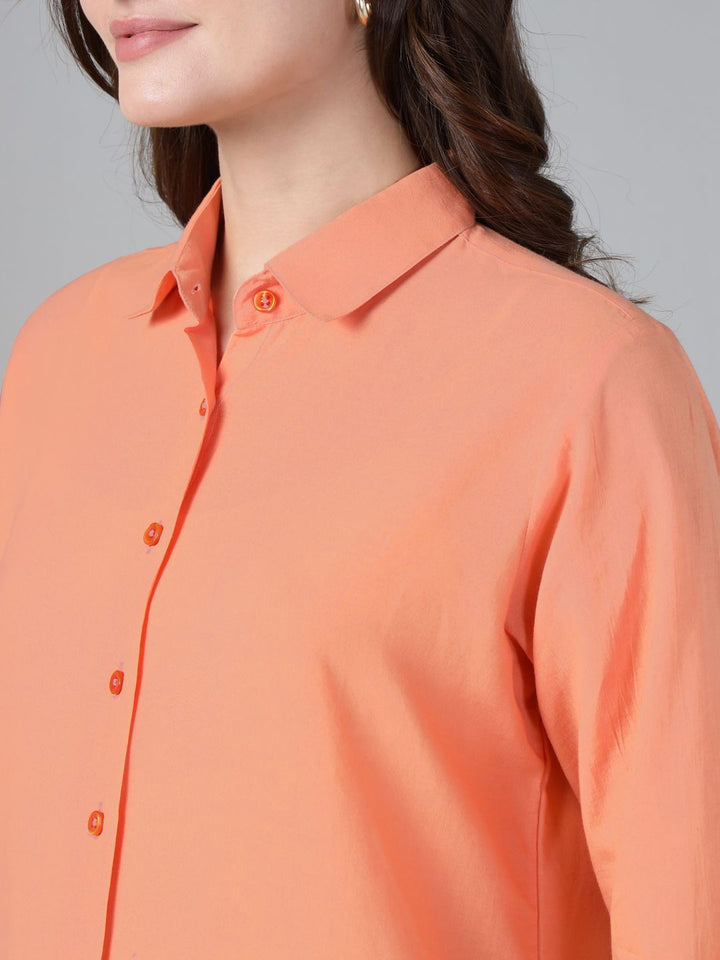 Hancock Women Orange Solid Schiffli Pure Cotton Relaxed Fit Casual Shirt