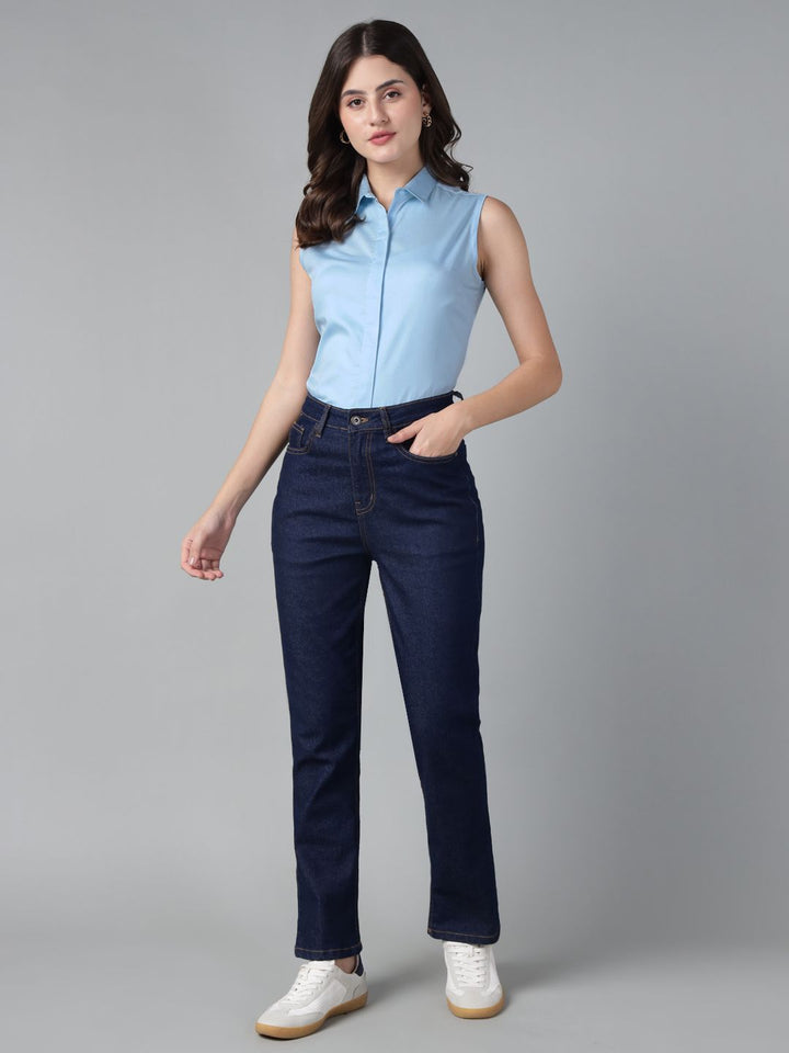 Hancock Women Sky Blue Solid Pure Cotton Sleeveless Slim Fit Formal Shirt