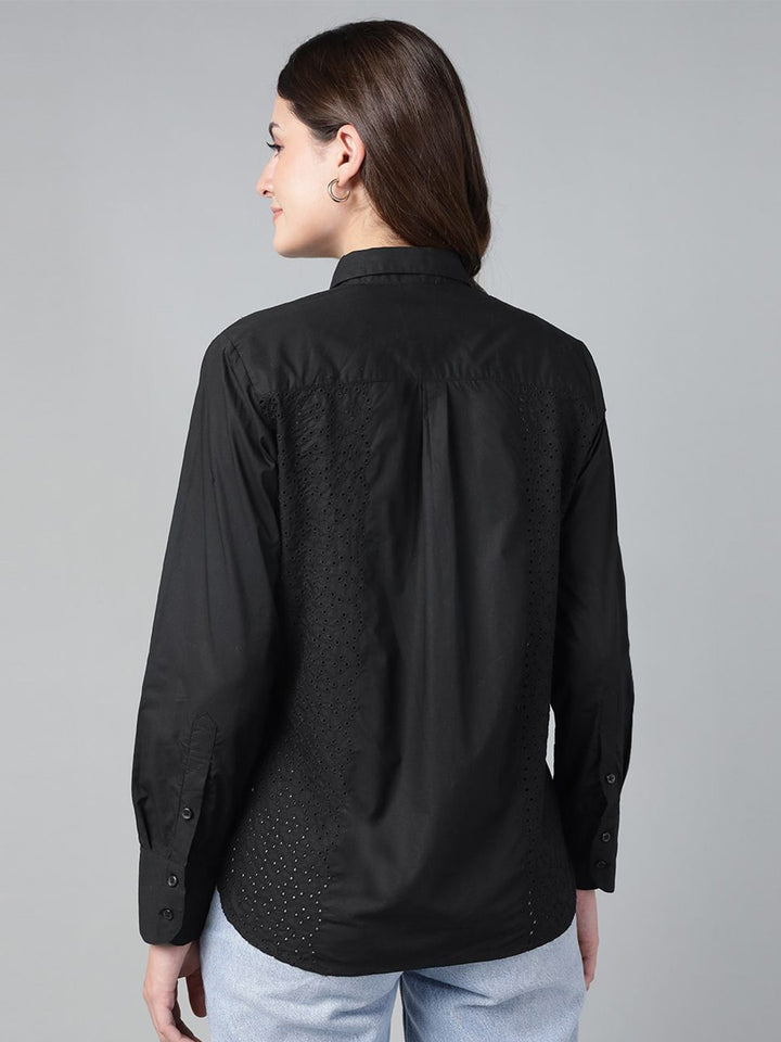 Hancock Women Black Solid Schiffli Pure Cotton Relaxed Fit Casual Shirt