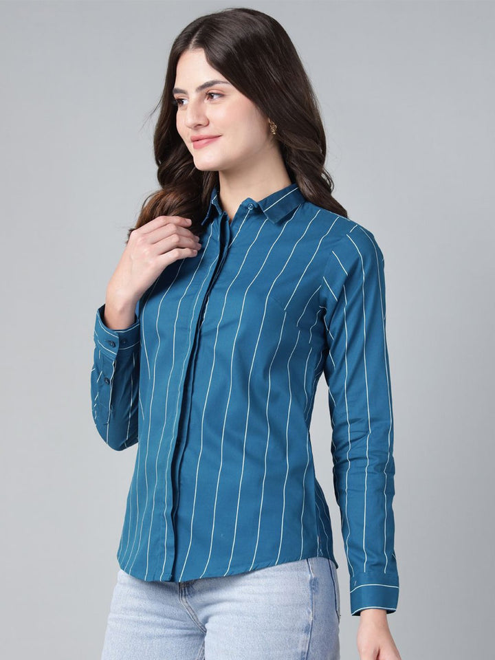 Hancock Women Turquoise Blue Stripe Pure Cotton Slim Fit Casual Shirt