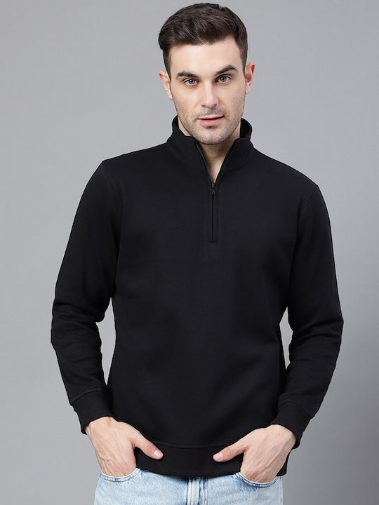 Men Black Solid Half Zipper Long Sleeves Fleece Sweatshirt