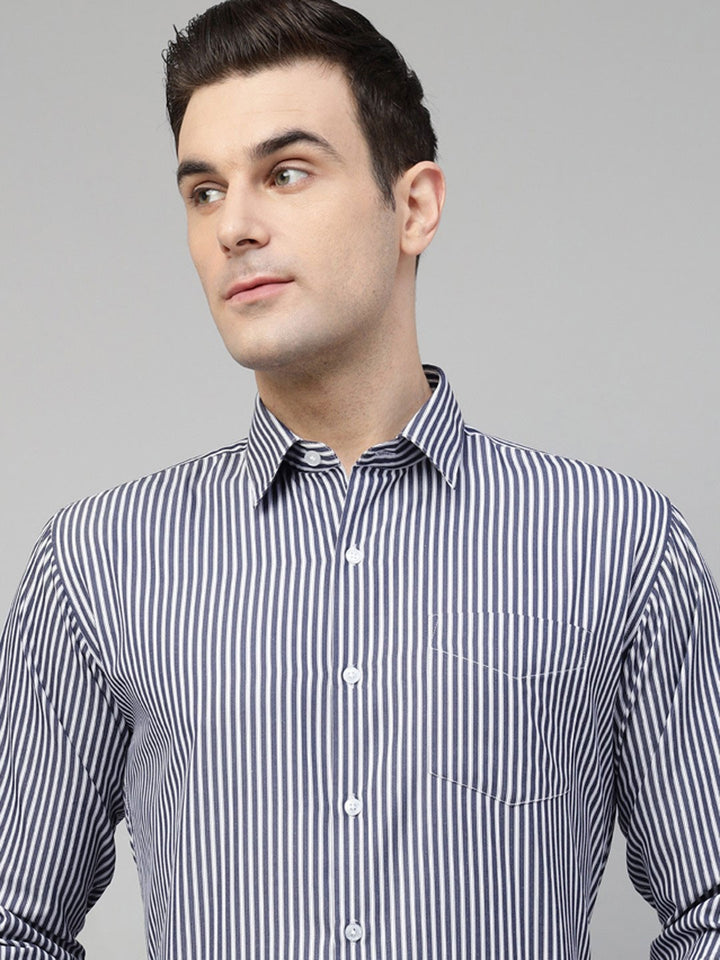 Navy &amp; white vertical striped wrinkle ressistant cotton blend long sleeves shirt 