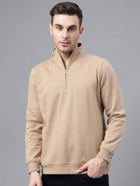 Men Beige Solid Half Zipper Long Sleeves Fleece Sweatshirt