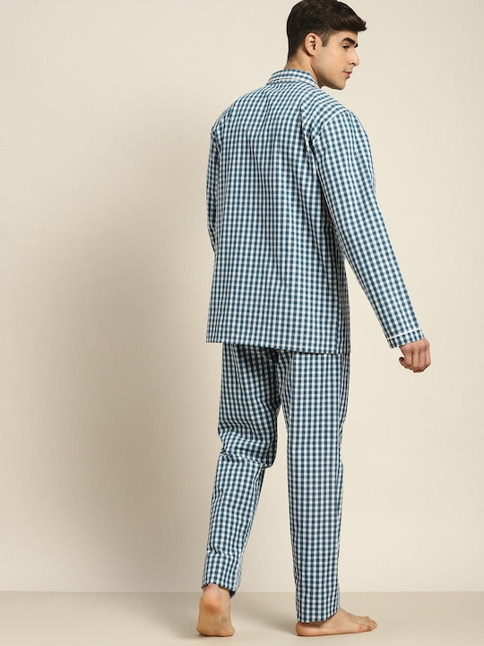 Men Navy & White Checks Pure Cotton Relaxed Fit Casual Night Suit