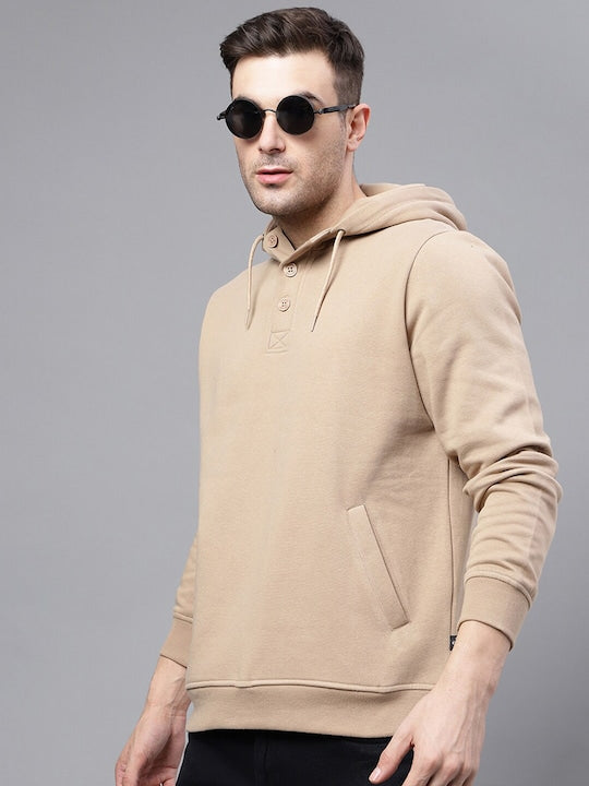 Men Beige Solid Half Button Placket Long Sleeves Fleece Hooded Sweatshirt