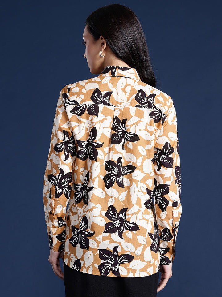 Women Beige & Mustard Floral Print Pure Cotton Boyfriend Fit Casual Shirt