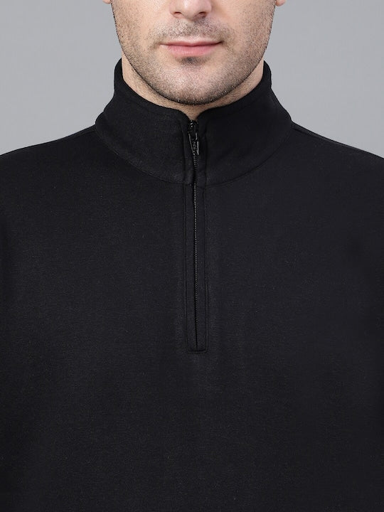 Men Black Solid Half Zipper Long Sleeves Fleece Sweatshirt