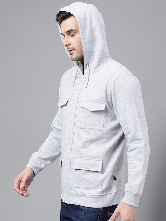 Men Melange Grey Solid Full Zipper Cargo Pocket Long Sleeves Fleece Hooded Sweatshirt