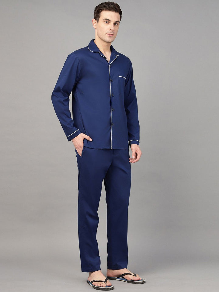 Hancock Men Royal Blue Solid Pure Cotton Relaxed Fit Night Wear Night Suit