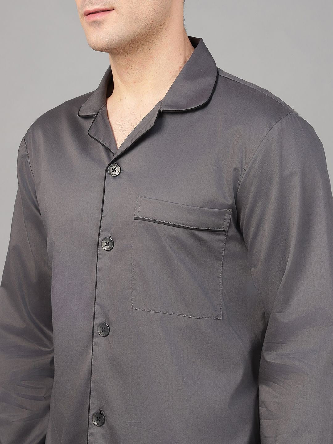 Hancock Men Dark Grey Solid Pure Cotton Relaxed Fit Night Wear Night Suit