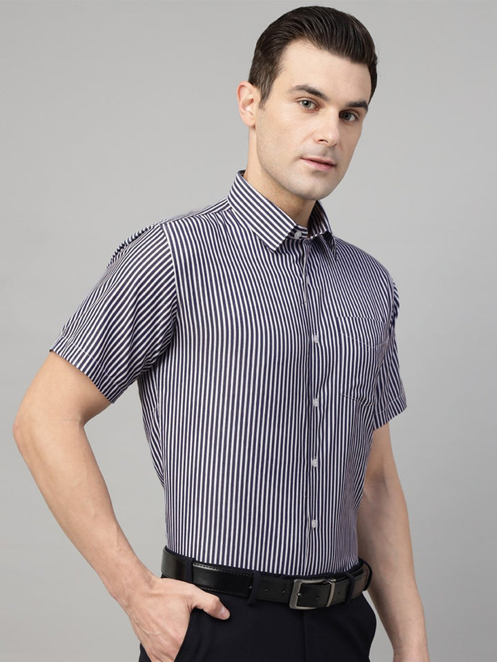 Men Navy & White Stripe Cotton Slim Fit Formal Shirt