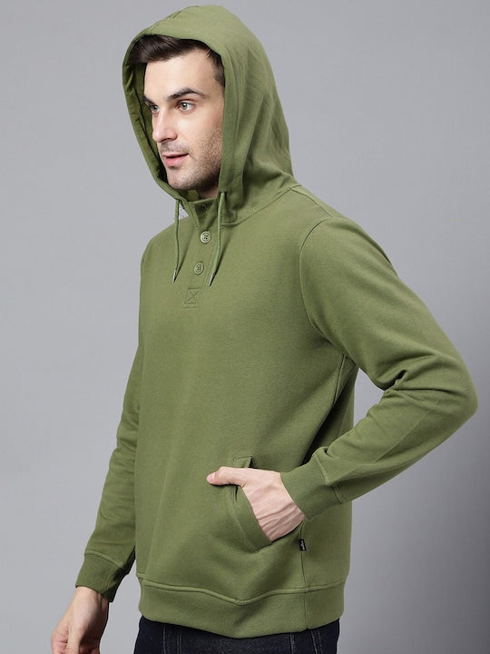 Men Olive Solid Half Button Placket Long Sleeves Fleece Hooded Sweatshirt