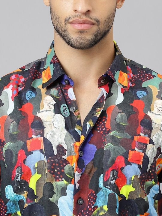 Men Black &Multi Abstract Printed Viscose Rayon Slim Fit Party Shirt