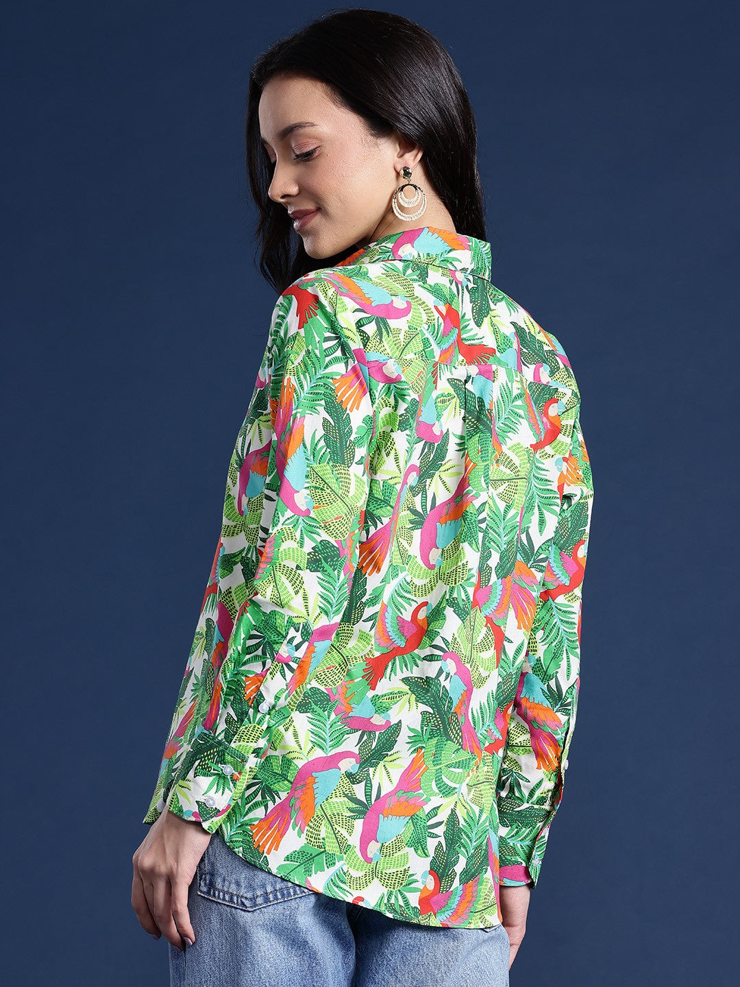 Women Beige & Green Floral Print Pure Cotton Boyfriend Fit Casual Shirt