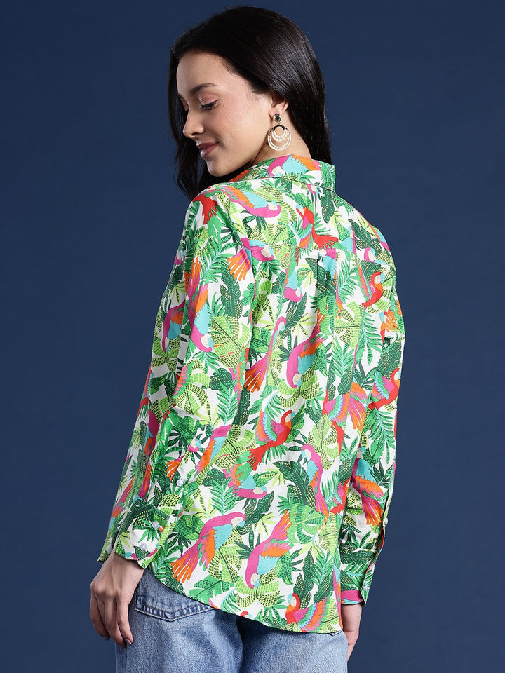Women Beige & Green Floral Print Pure Cotton Boyfriend Fit Casual Shirt