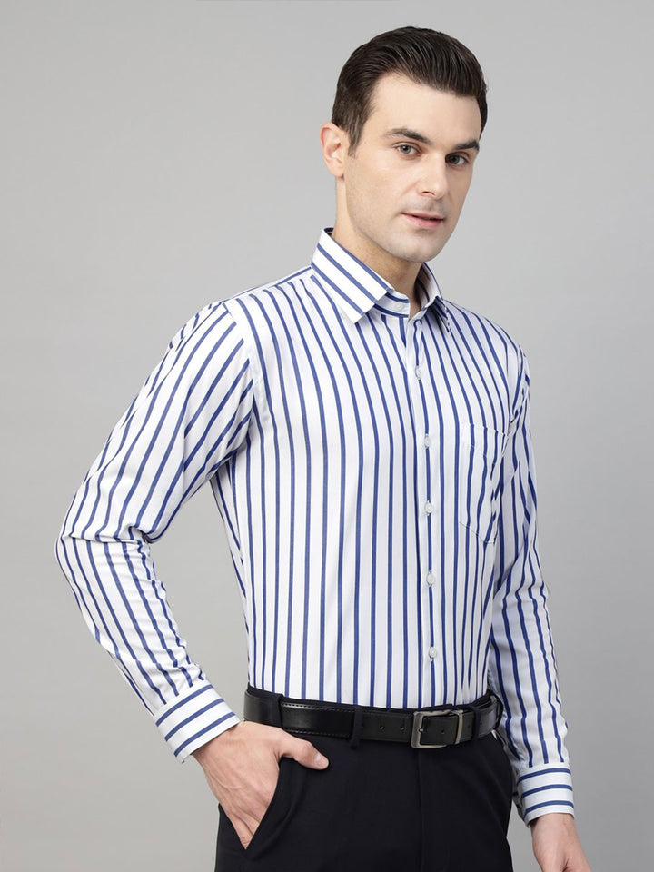 Men White & Blue Stripe Cotton Slim Fit Formal Shirt