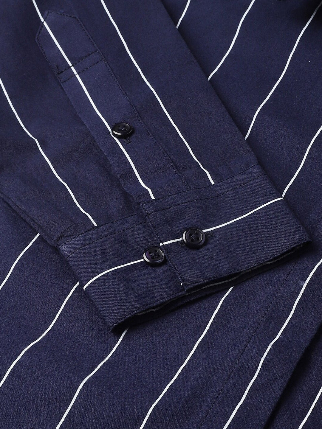 Women Navy Blue Stripes Pure Cotton Plus Size Formal Shirt