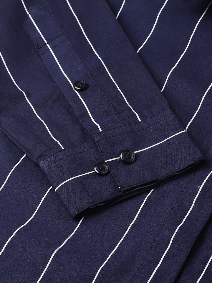 Women Navy Blue Stripes Pure Cotton Plus Size Formal Shirt