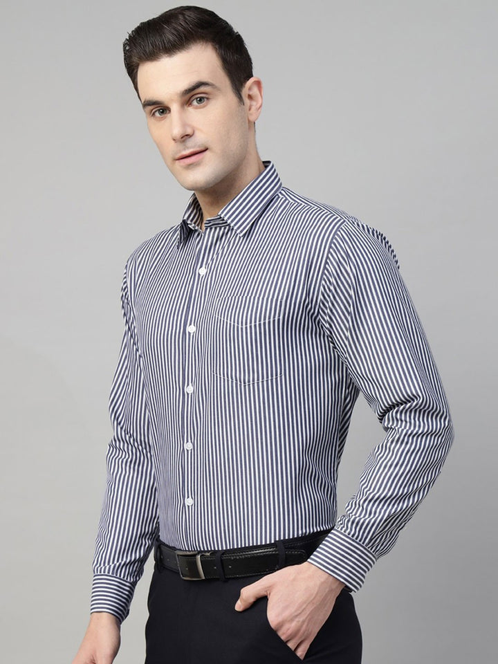 Navy &amp; white vertical striped wrinkle ressistant cotton blend long sleeves shirt 