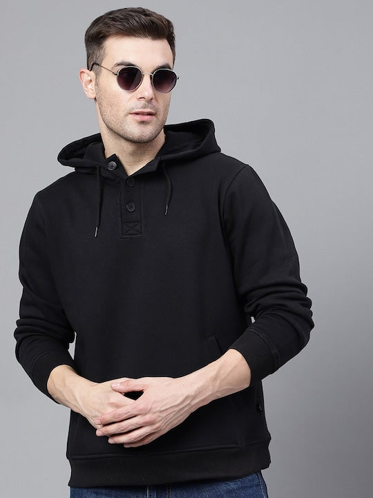 Men Black Solid Half Button Placket Long Sleeves Fleece Hooded Sweatshirt